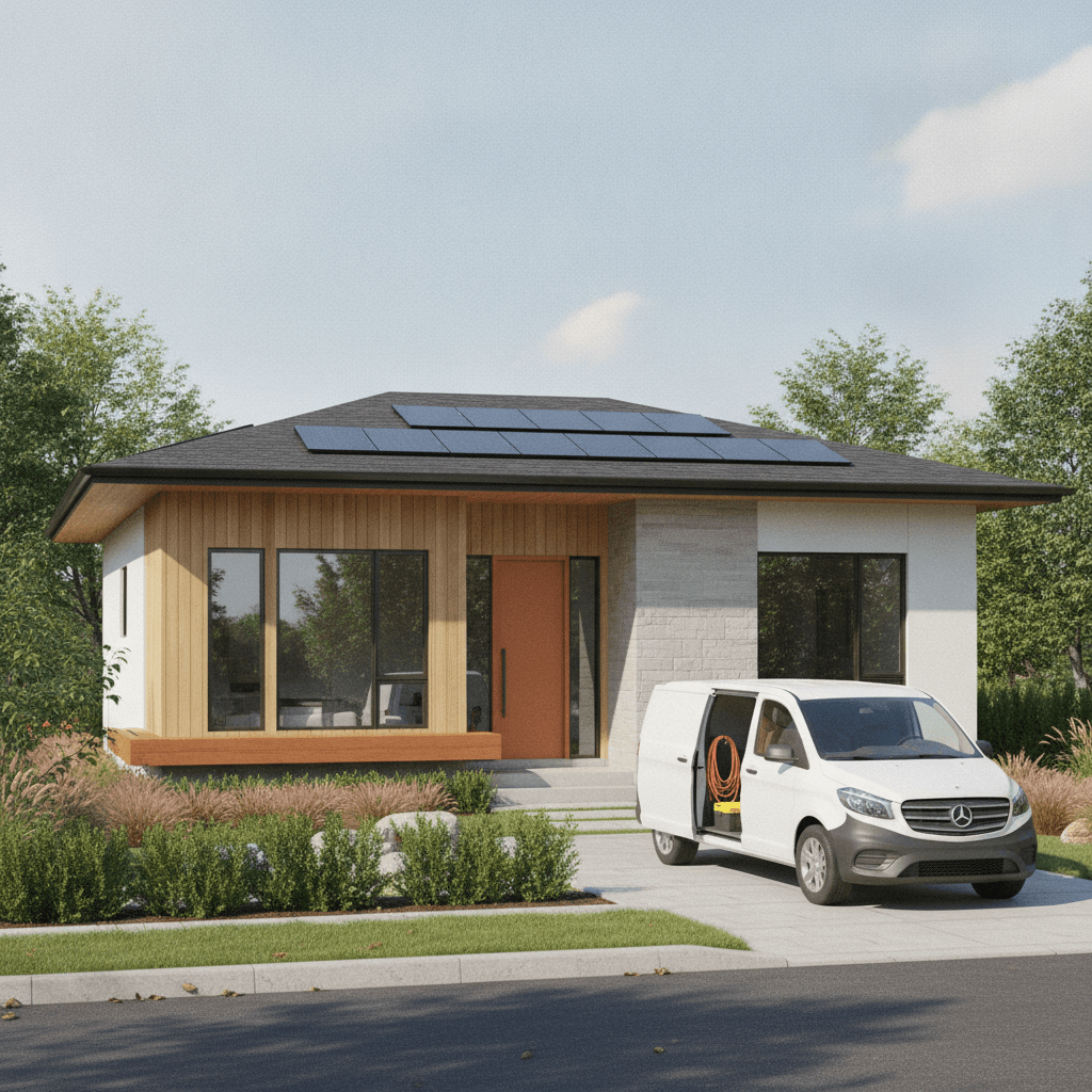 A modern energy-efficient home with a contractor van